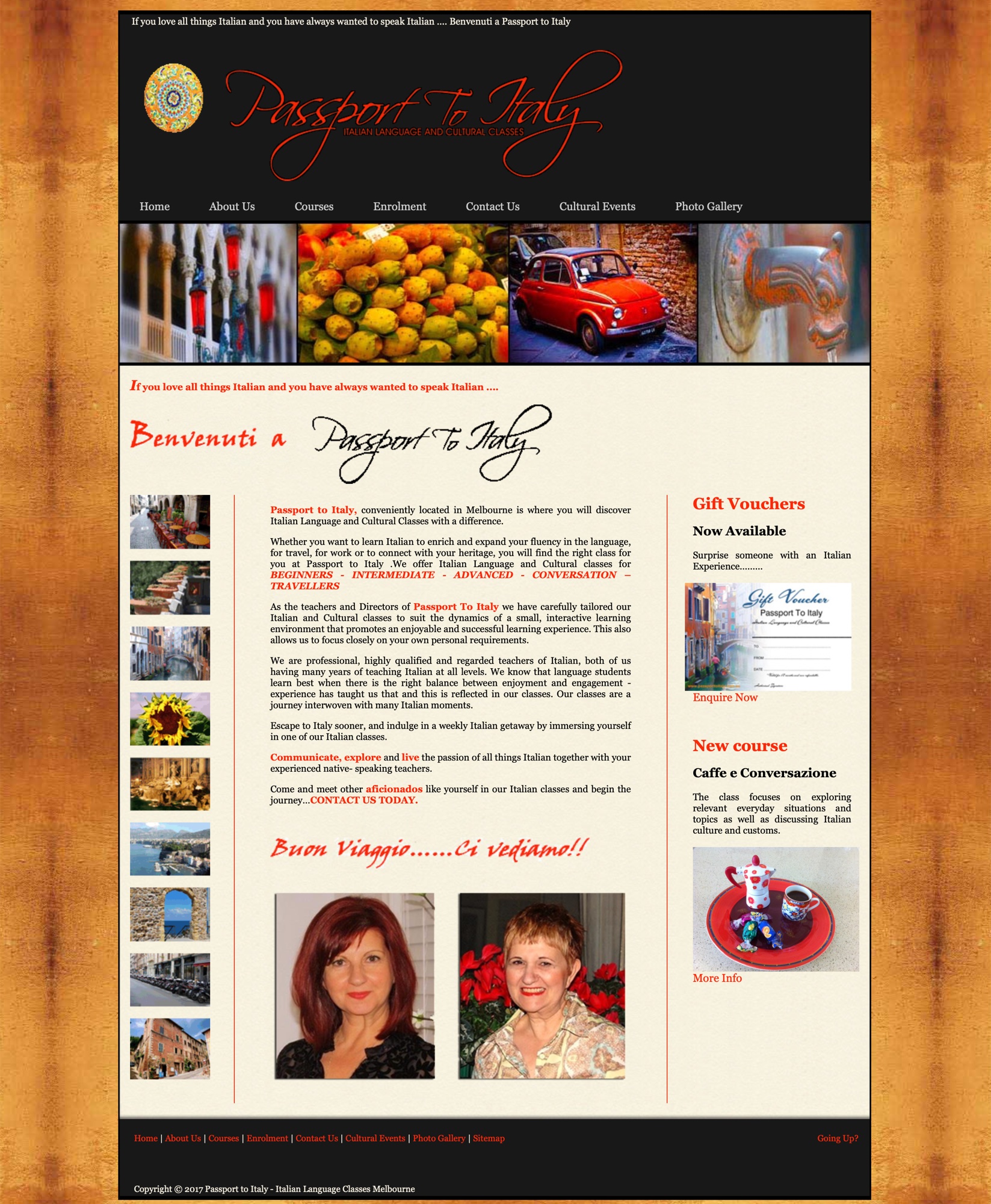 The Passport to Italy website, framed by its orange textured background, with Italian imagery and course information.