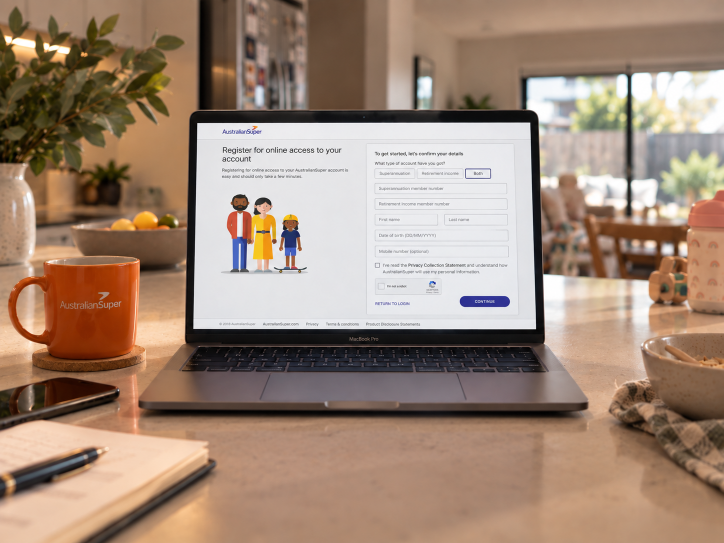 AustralianSuper online registration shown on a laptop at a kitchen table