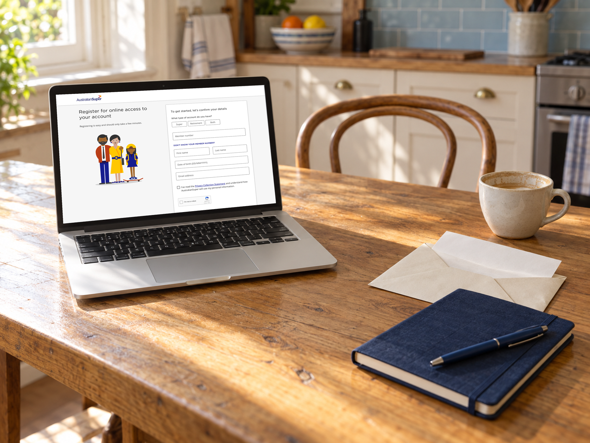 AustralianSuper online registration shown on a laptop at a kitchen table