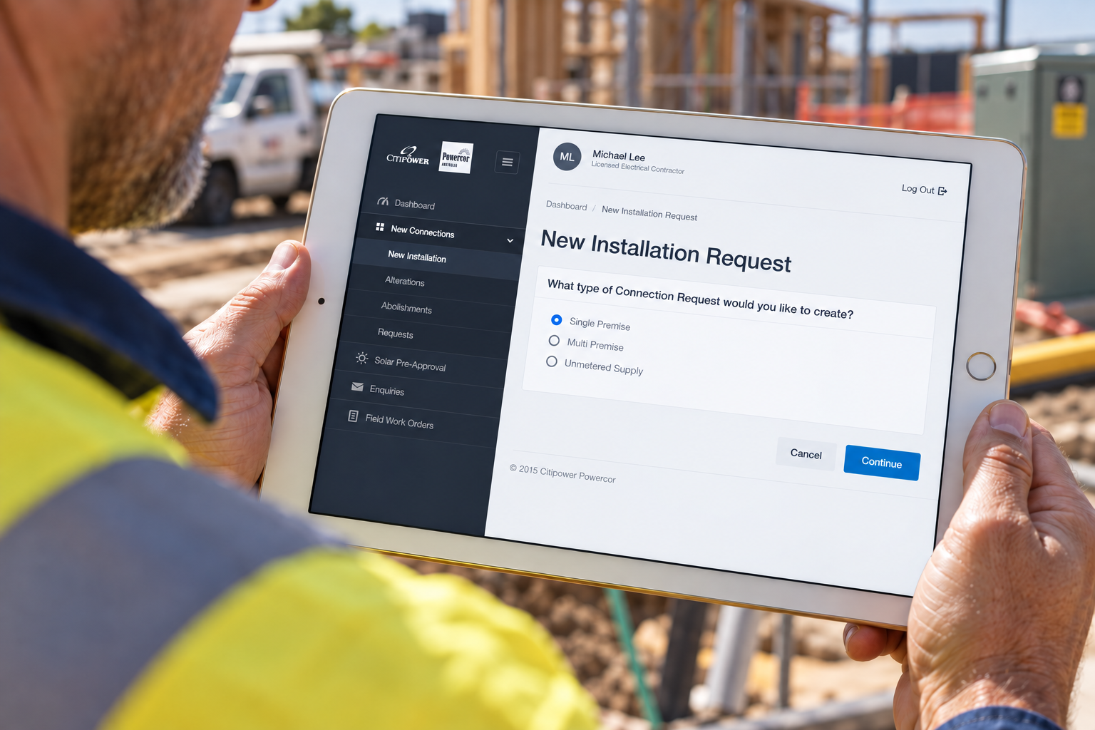 CitiPower and Powercor eConnect service shown on a tablet at a residential worksite