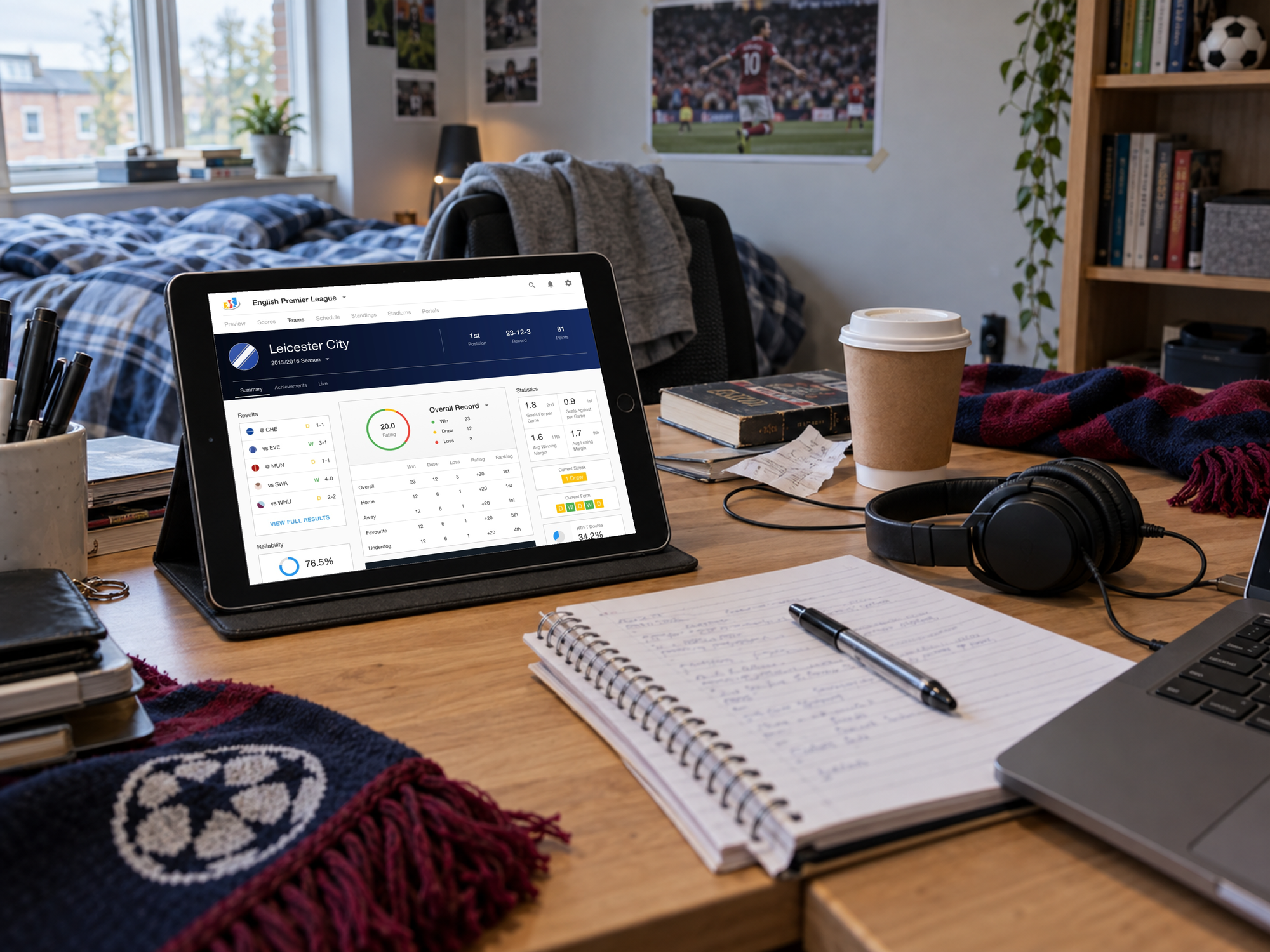 iSport Genius sports data platform shown on a tablet in a university bedroom