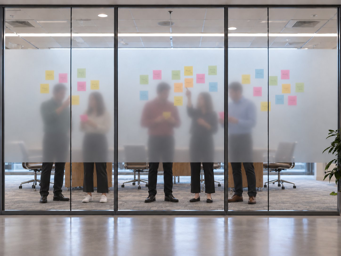 Workshare Protect email security workshop behind frosted glass covered with sticky notes