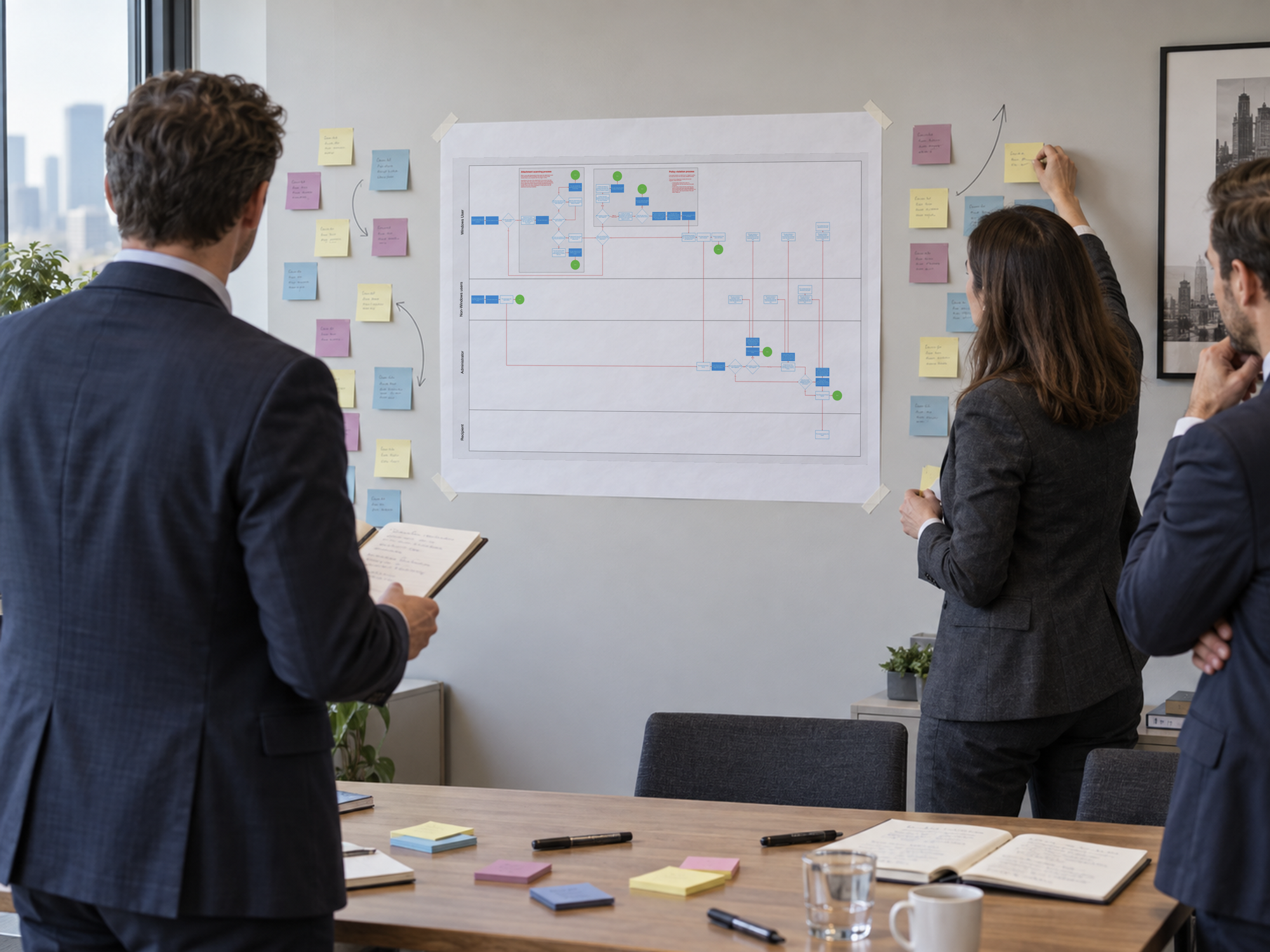 Workshare Protect research workshop with a document security workflow on the wall