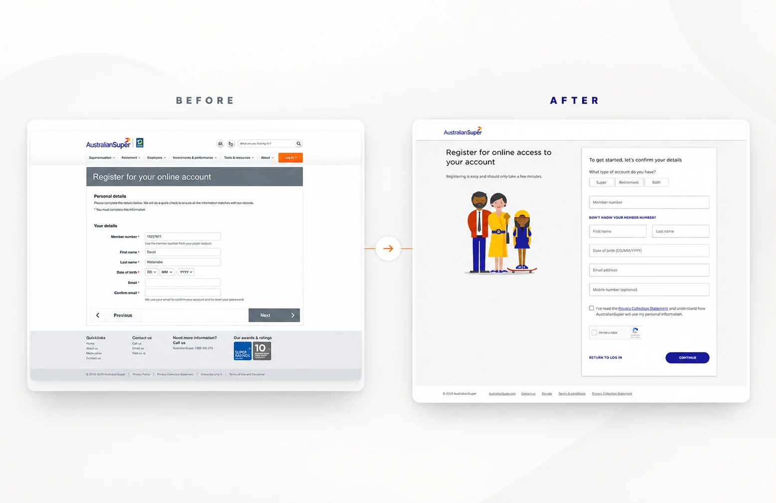 Before and after comparison of the registration details step