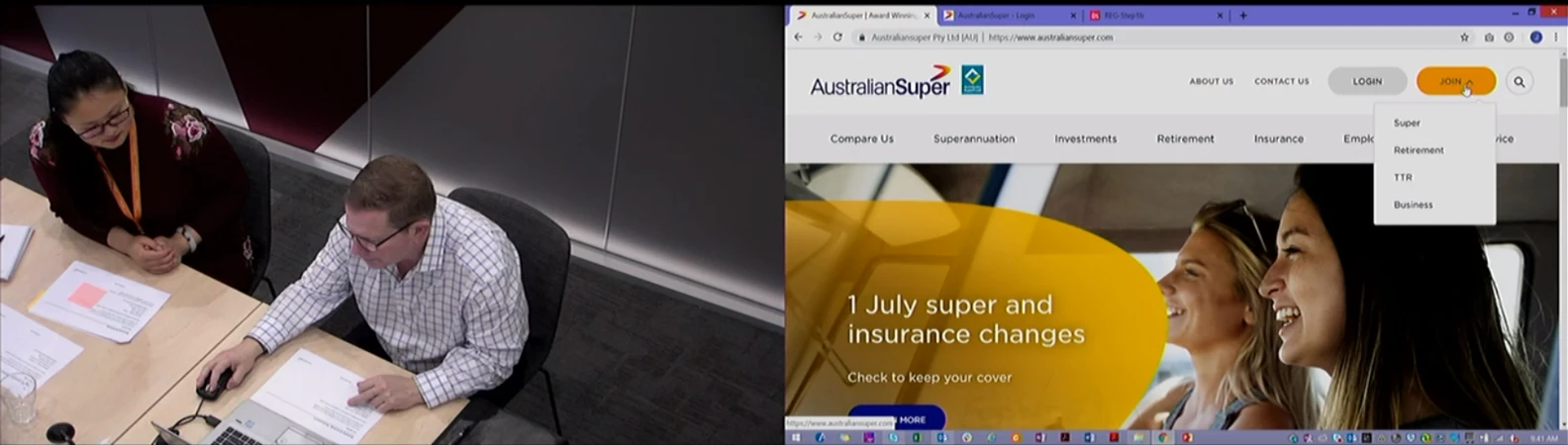 Usability session showing a participant working through the AustralianSuper website while the researcher observes
