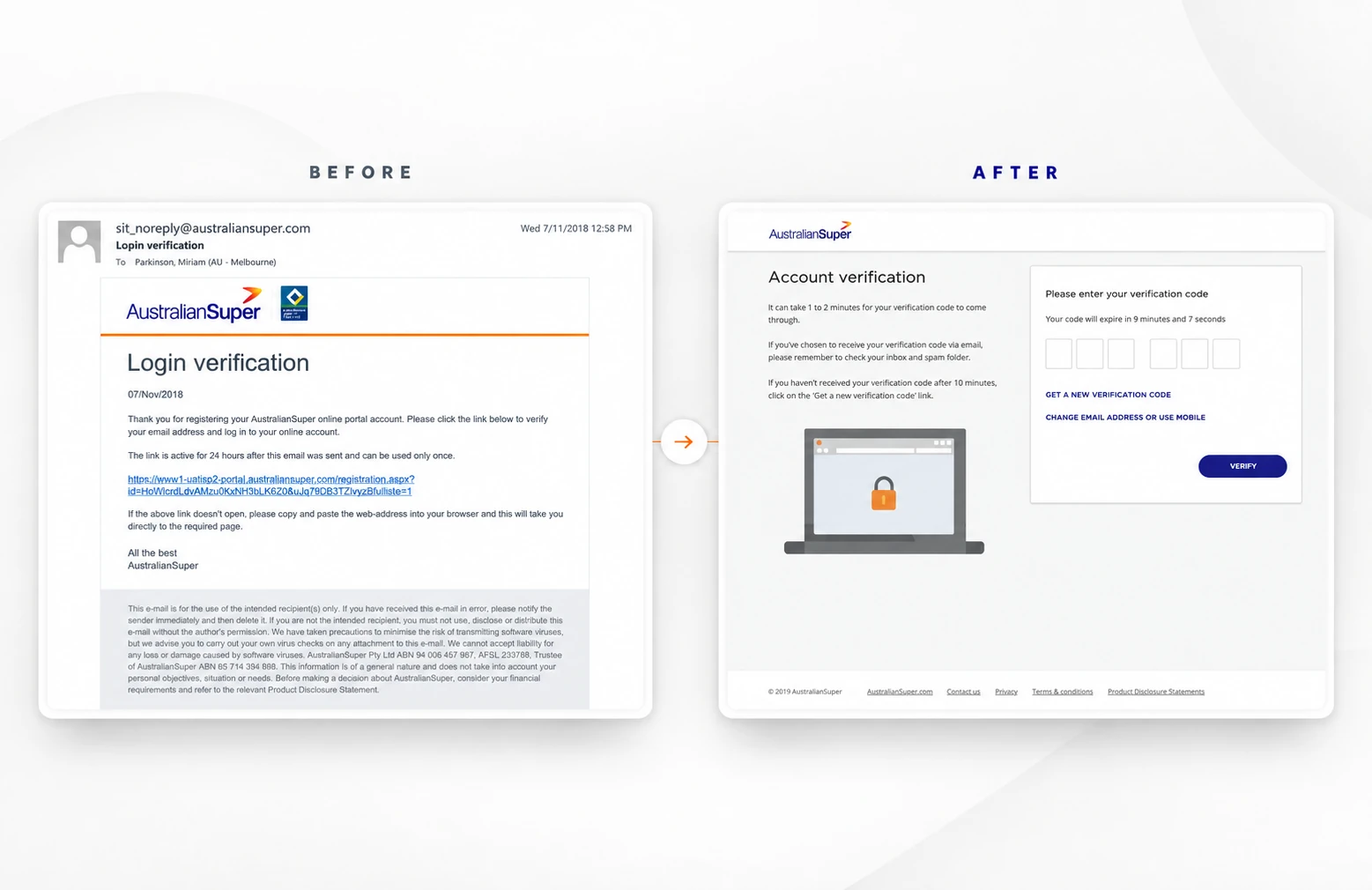 Before and after comparison of email-link and in-flow code verification