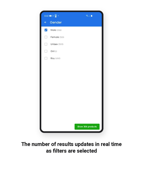 Gender filter showing result counts updating as filters are selected