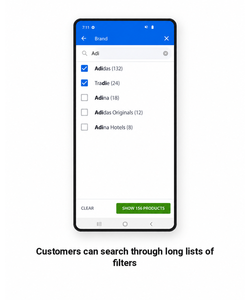 Brand filter with search for finding options in a long list